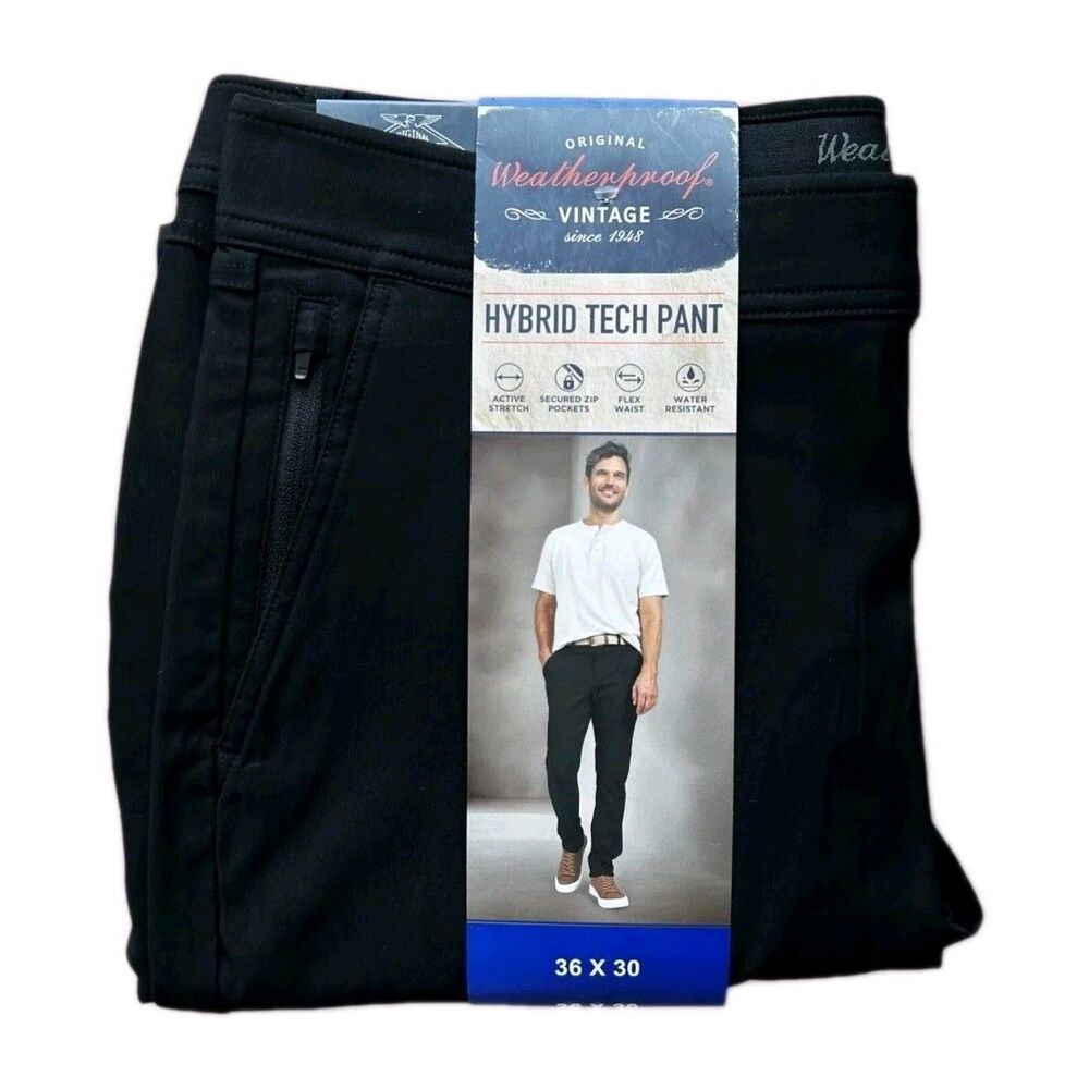 Weatherproof Men's Hybrid Tech Pant Black Size 36x30 Tapered Leg Zip Pockets